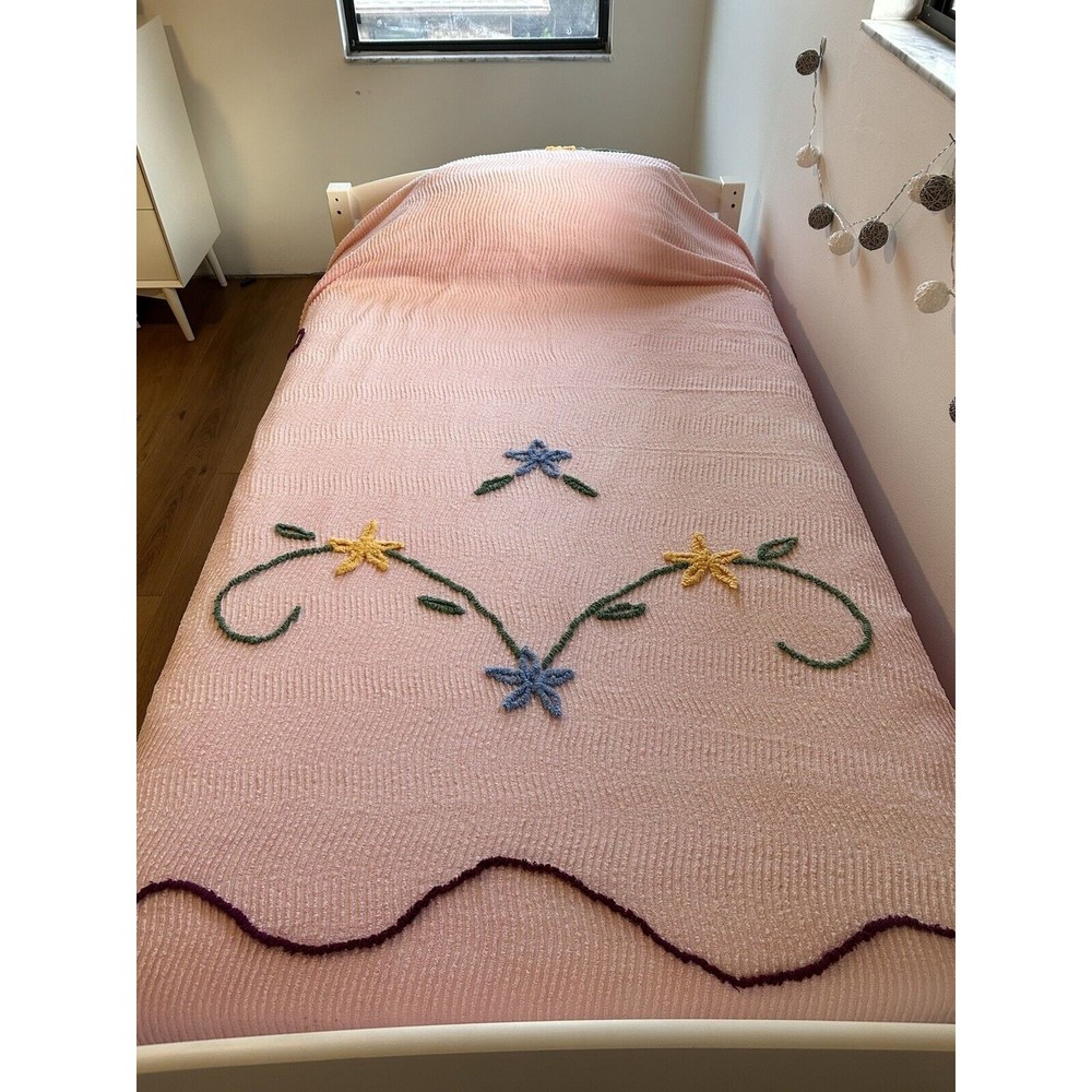 Vintage Chenille Pink Floral Bedspread Flowers Shabby Cottage 79x98